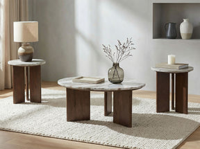 Jenna Brown 3-piece Round Marble Top Coffee Table Set - Ornate Home