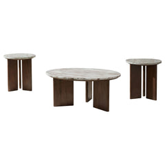 Jenna Brown 3-piece Round Marble Top Coffee Table Set - Ornate Home