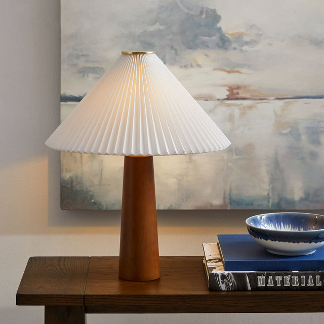 Jessica Walnut Wooden Base Table Lamp With Pleated Fabric Shade - Ornate Home