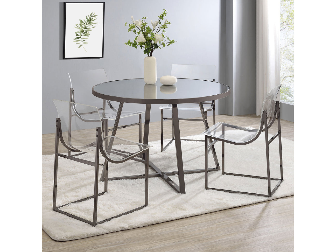 Jillian Black Nickel 5-piece Round Mirror Top Dining Set - Ornate Home