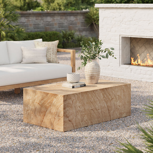 Jordana Travertine Square Plinth Indoor - Outdoor Patio Concrete Coffee Table - Ornate Home