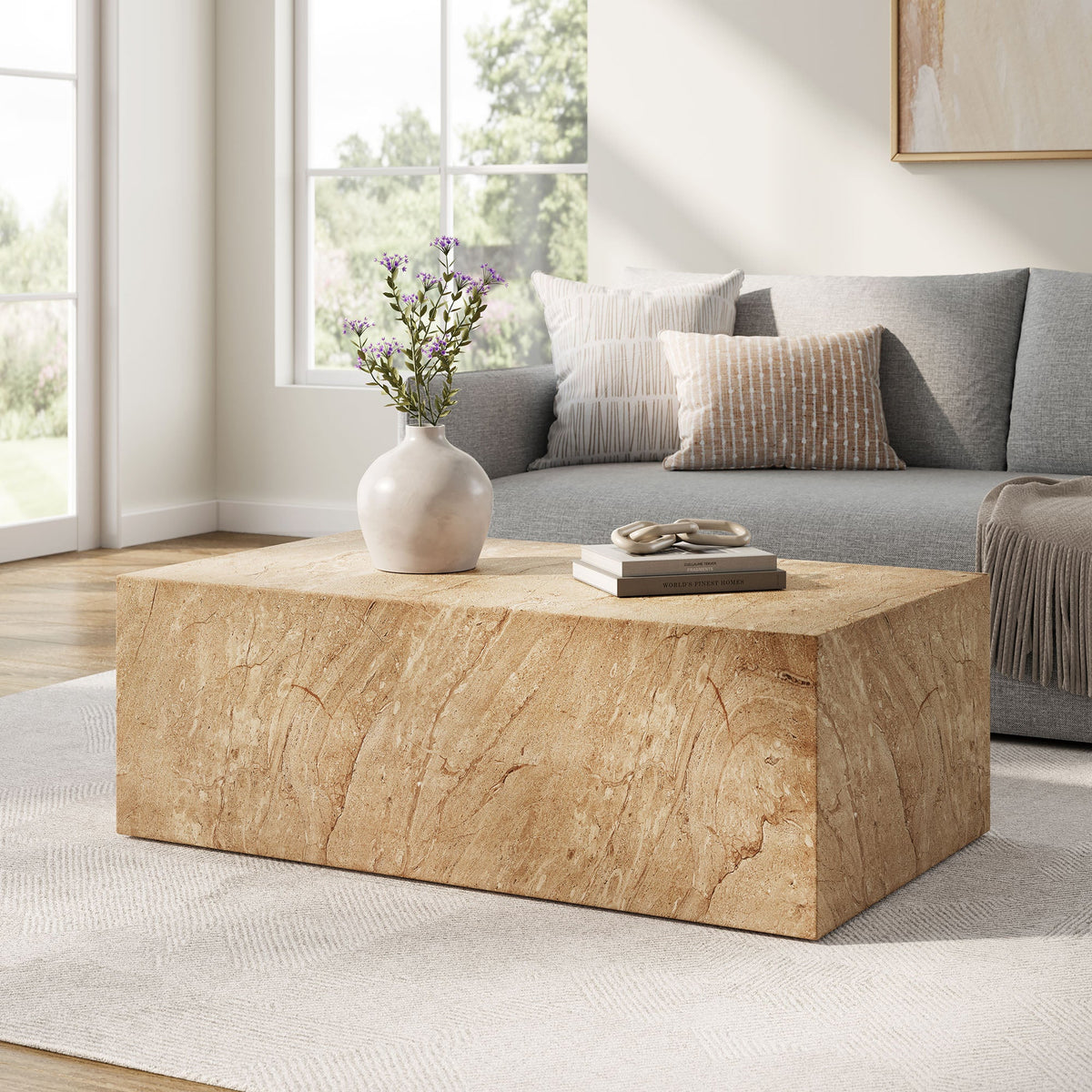 Jordana Travertine Square Plinth Indoor - Outdoor Patio Concrete Coffee Table - Ornate Home