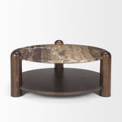 Jovia Brown/Cappuccino Mango Wood Marble Round Coffee Table