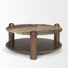 Jovia Brown/Cappuccino Mango Wood Marble Round Coffee Table