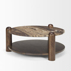 Jovia Brown/Cappuccino Mango Wood Marble Round Coffee Table