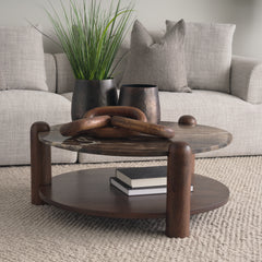 Jovia Brown/Cappuccino Mango Wood Marble Round Coffee Table