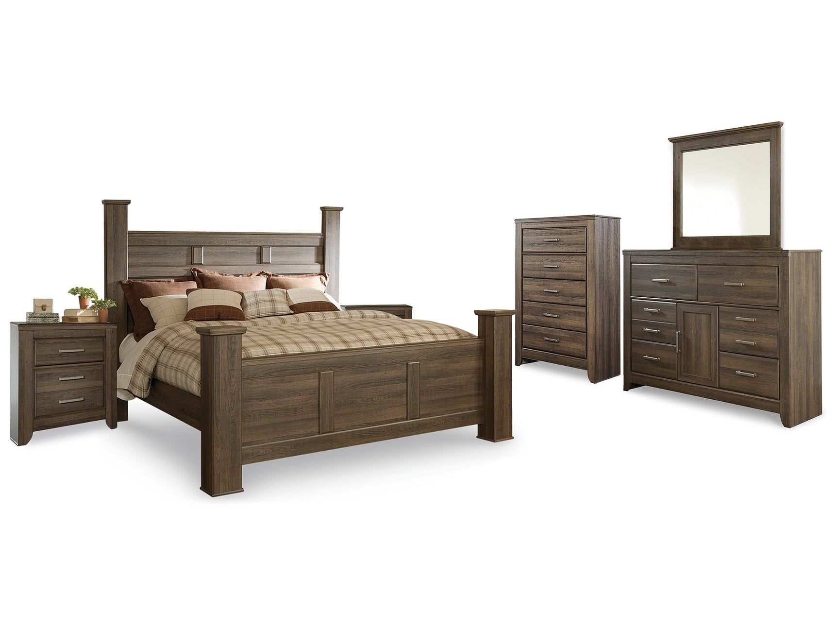Juararo Brown King Poster Bedroom Set with Dresser, Mirror, Chest and 2 Nightstands (Online Special Price) - Ornate Home