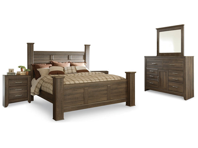 Juararo Brown King Poster Bedroom Set with Dresser, Mirror and 2 Nightstands - Ornate Home