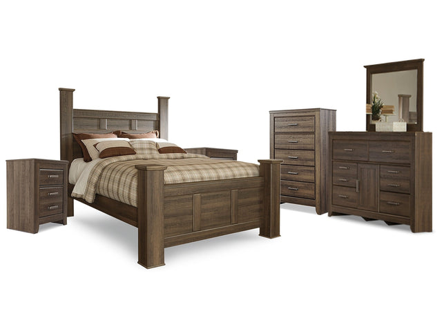 Juararo Brown Queen Poster Bedroom Set with Dresser, Mirror, Chest and 2 Nightstands - Ornate Home