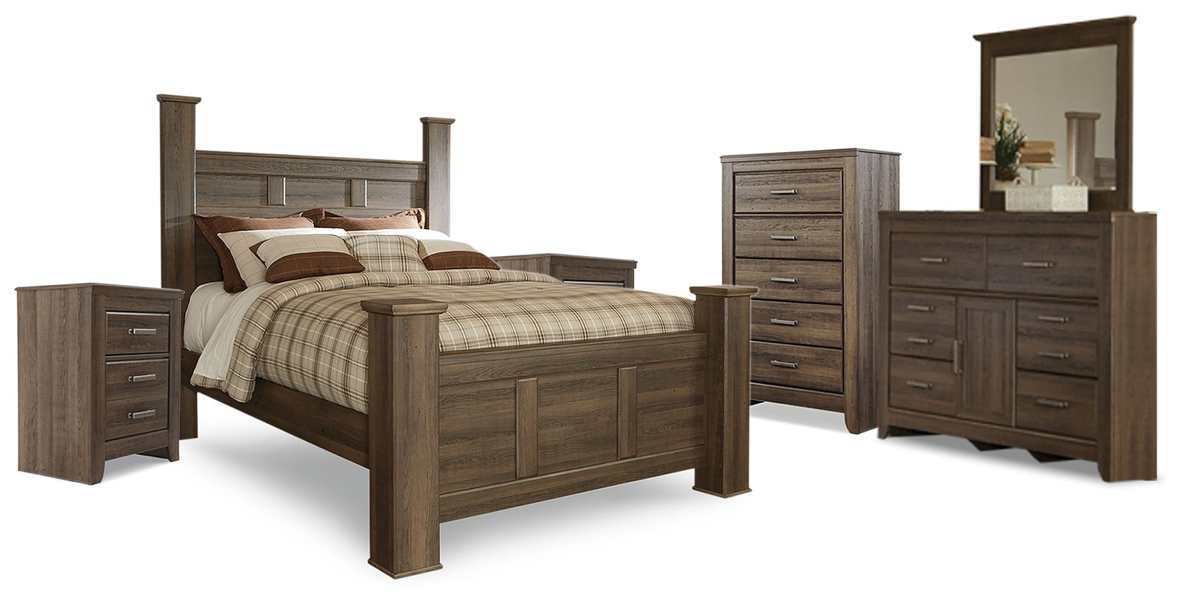 Juararo Brown Queen Poster Bedroom Set with Dresser, Mirror, Chest and 2 Nightstands - Ornate Home