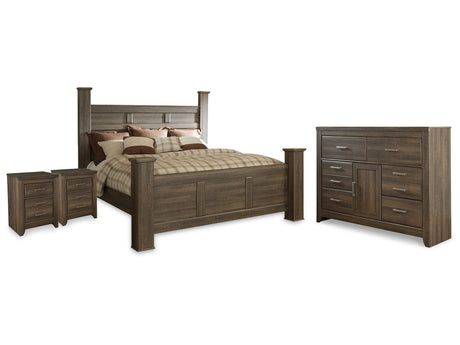 Juararo Dark Brown California King Poster Bed, Dresser and 2 Nightstands - Ornate Home