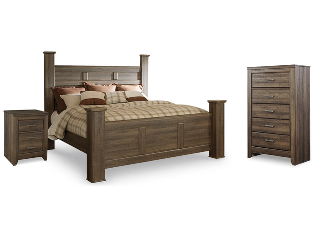 Juararo Dark Brown King Poster Bed, Chest and Nightstand - Ornate Home