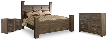 Juararo Dark Brown King Poster Bed, Dresser and 2 Nightstands - Ornate Home