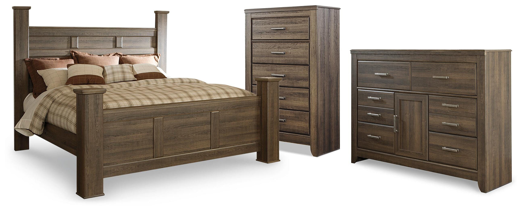 Juararo Dark Brown King Poster Bed, Dresser and Chest - Ornate Home