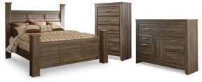 Juararo Dark Brown King Poster Bed, Dresser and Chest - Ornate Home