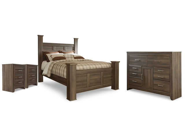 Juararo Dark Brown Queen Poster Bed, Dresser and 2 Nightstands - Ornate Home