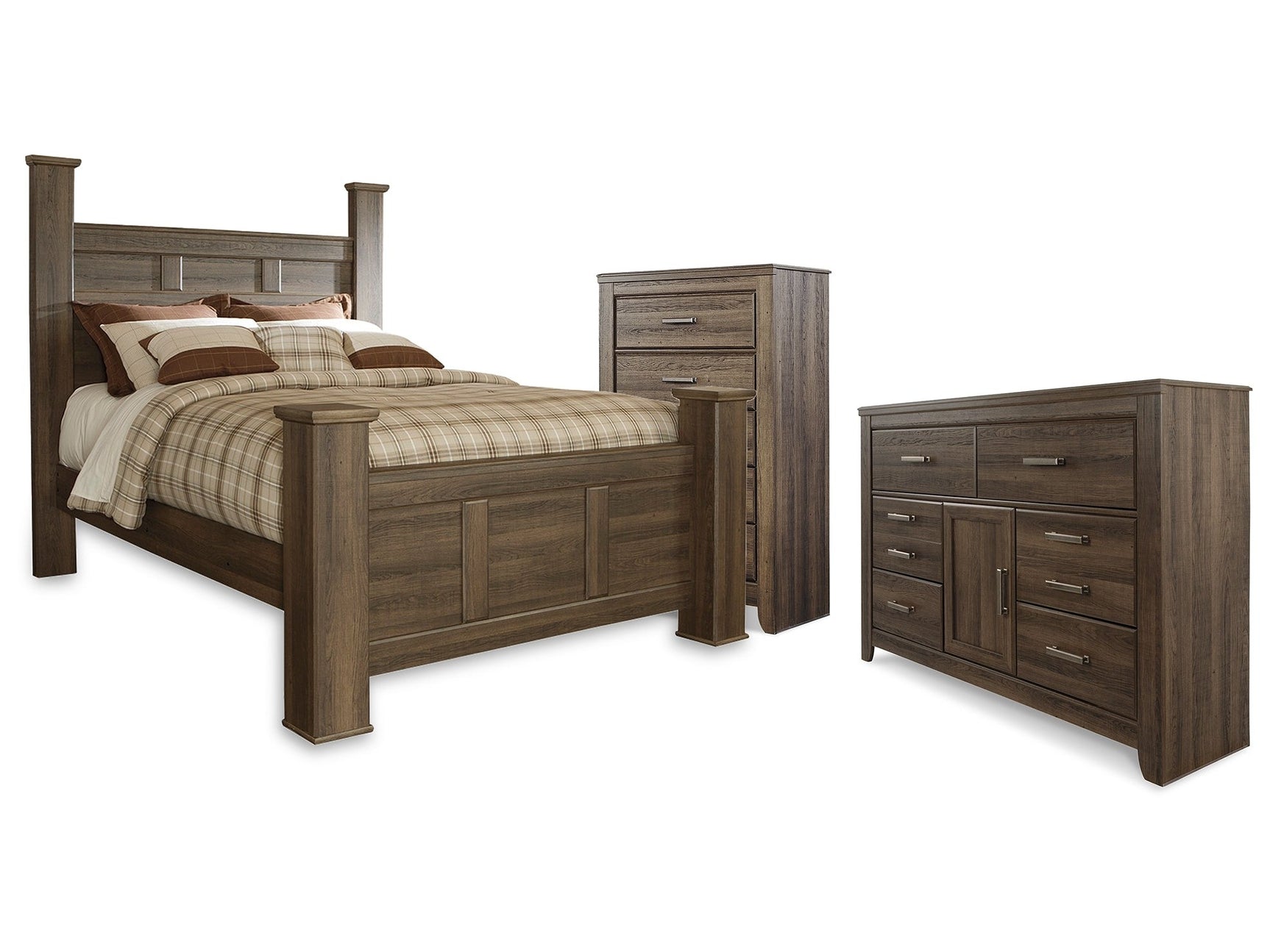 Juararo Dark Brown Queen Poster Bedroom Set with Dresser and Chest - Ornate Home