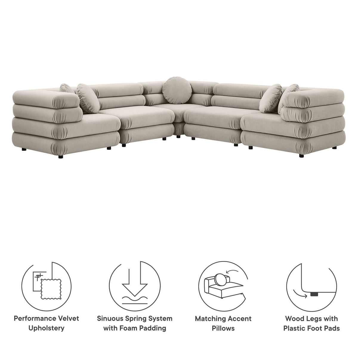 Jubilee Almond 5-Piece Modular Performance Velvet Sectional Sofa - Ornate Home