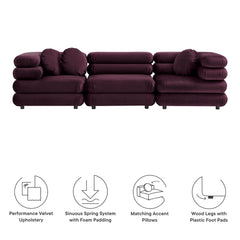 Jubilee Mulberry 3-Piece Modular Performance Velvet Sectional Sofa - Ornate Home