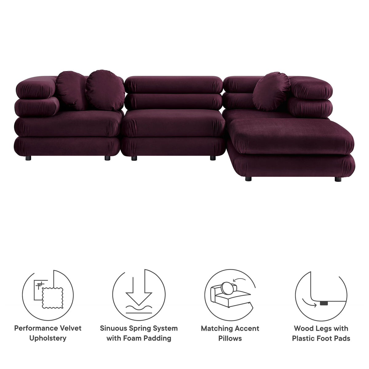 Jubilee Mulberry 4-Piece Modular Performance Velvet Sectional Sofa - Ornate Home