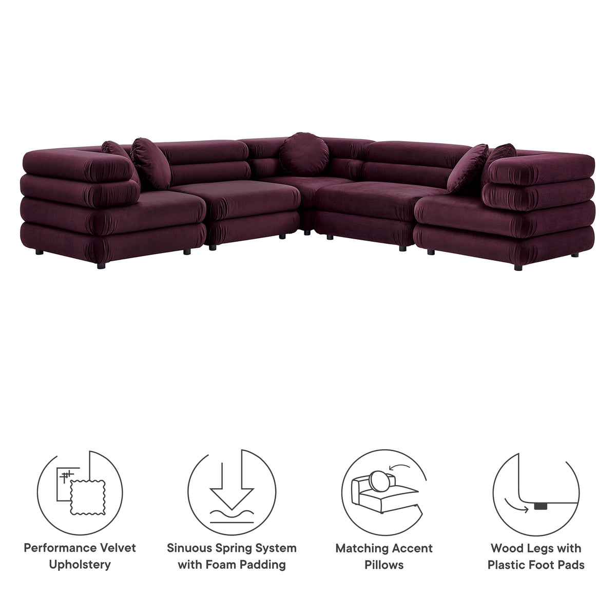 Jubilee Mulberry 5-Piece Modular Performance Velvet Sectional Sofa - Ornate Home