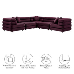 Jubilee Mulberry 5-Piece Modular Performance Velvet Sectional Sofa - Ornate Home