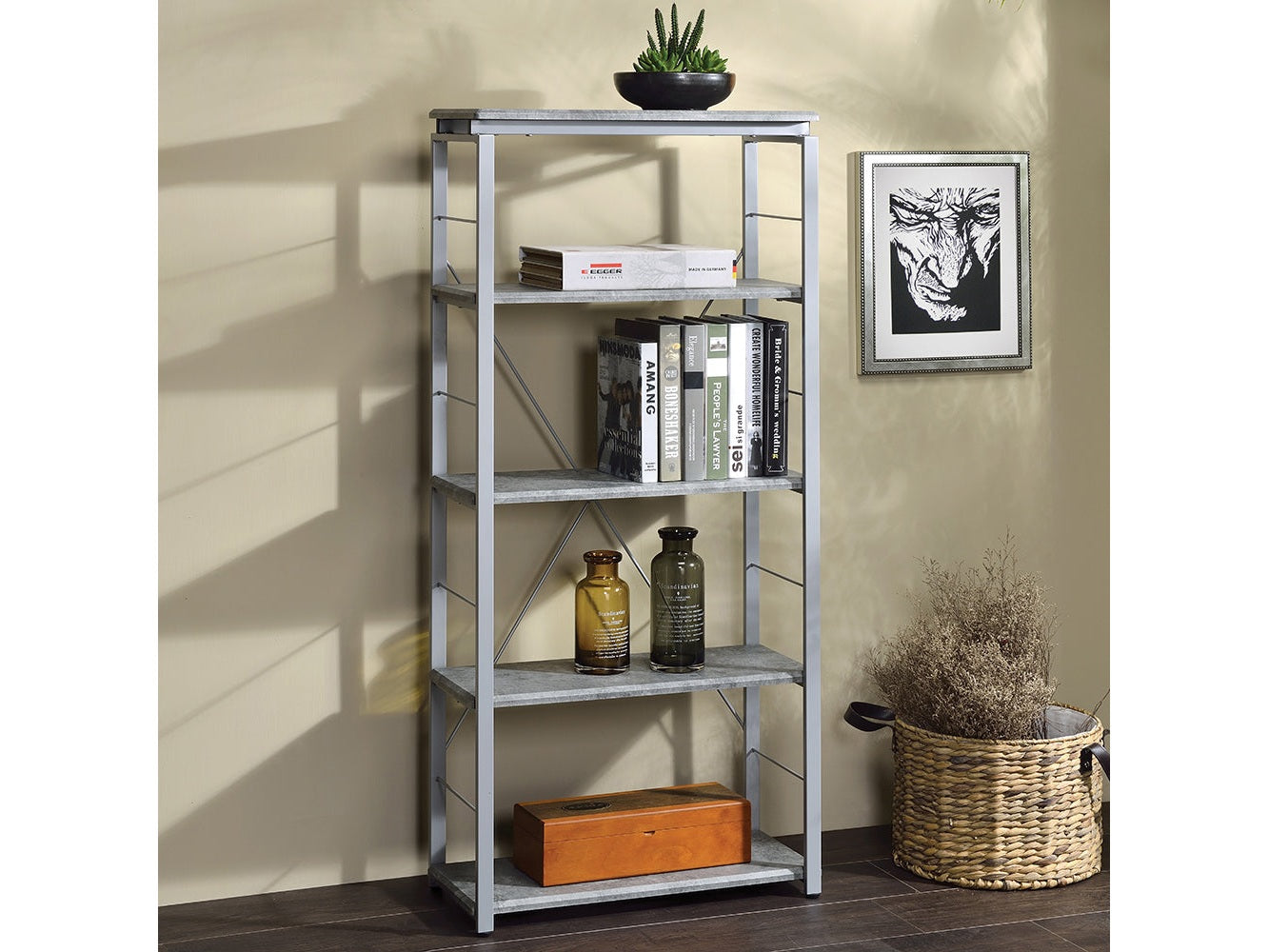 Jurgen Faux Concrete & Silver Bookshelf - Ornate Home