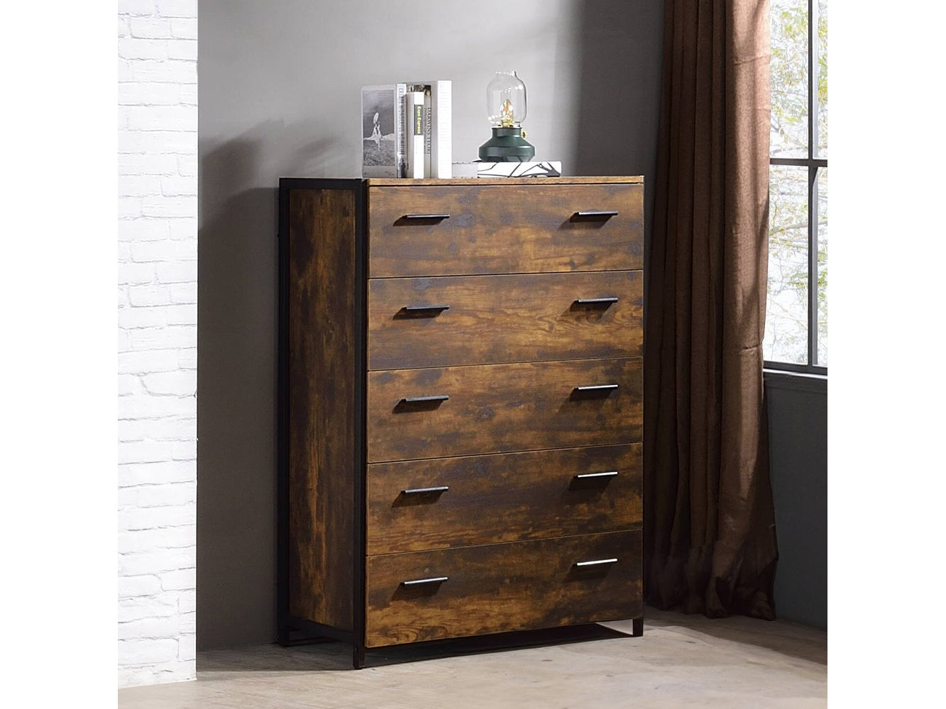 Juvanth Rustic Oak & Black Finish Chest w/5 Drawers - Ornate Home