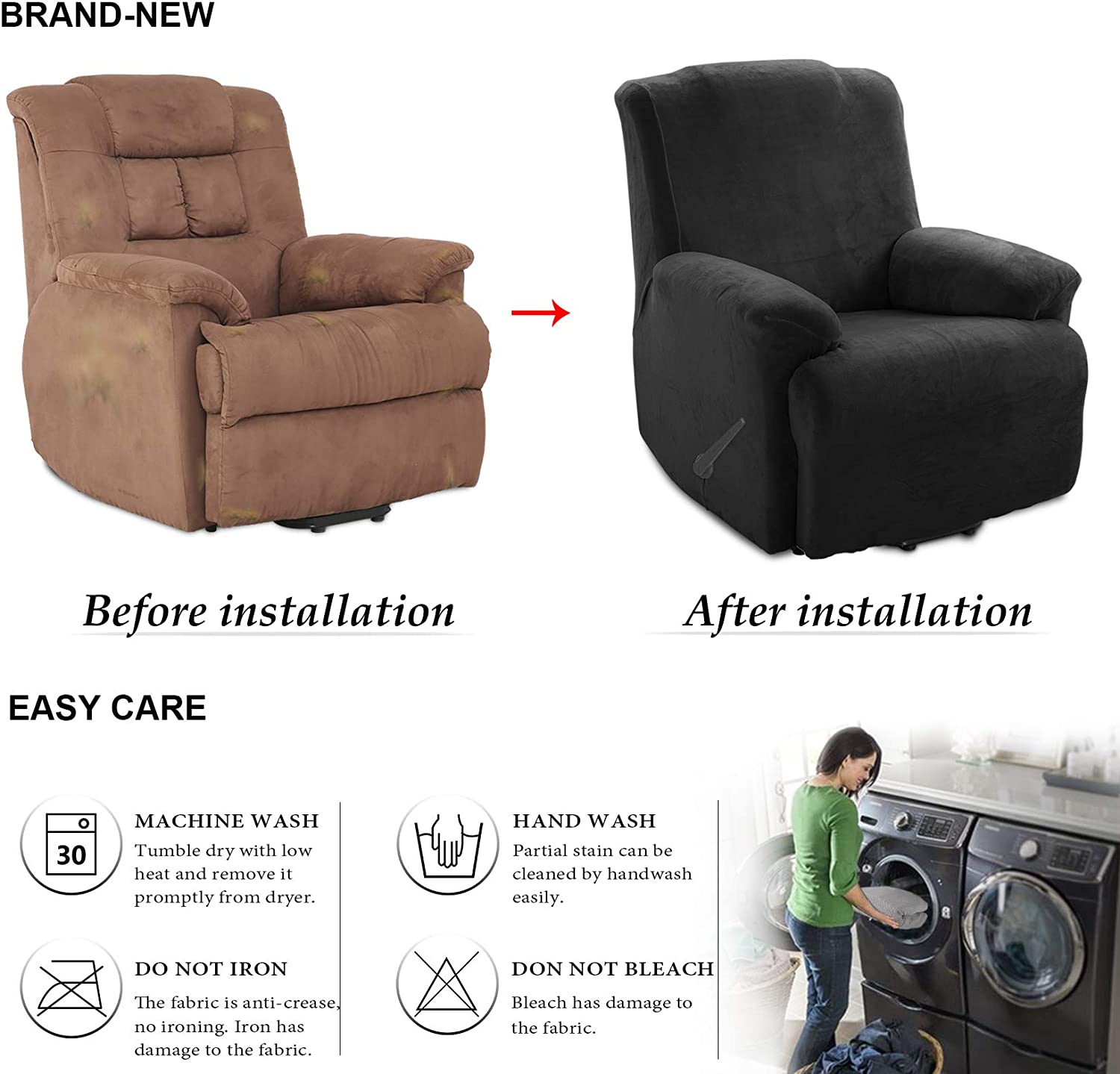 KAS Soft Plush Velvet Recliner Chair Cover - Fleece Armchair Slipcover with Pocket - 4 Pieces Furniture Cover Protector for Reclining Chair - Ornate Home