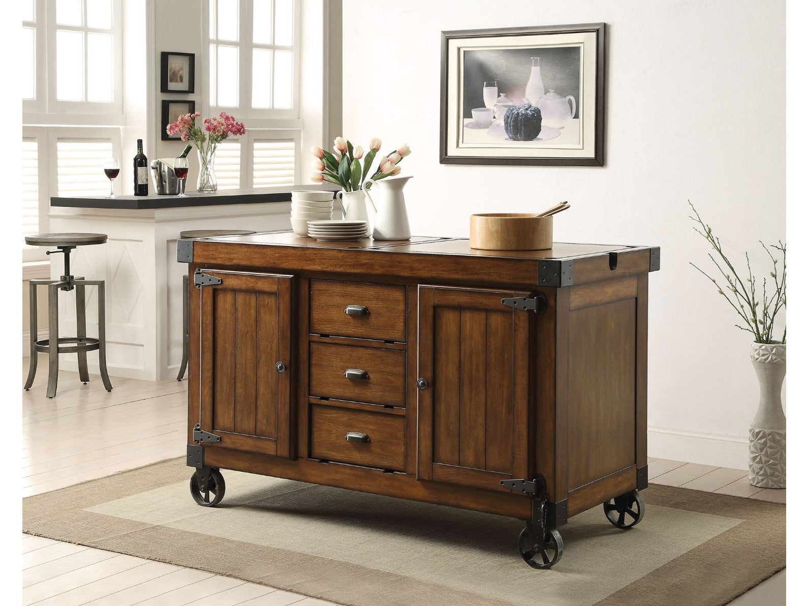 Kabili Antique Tobacco Kitchen Cart - Ornate Home