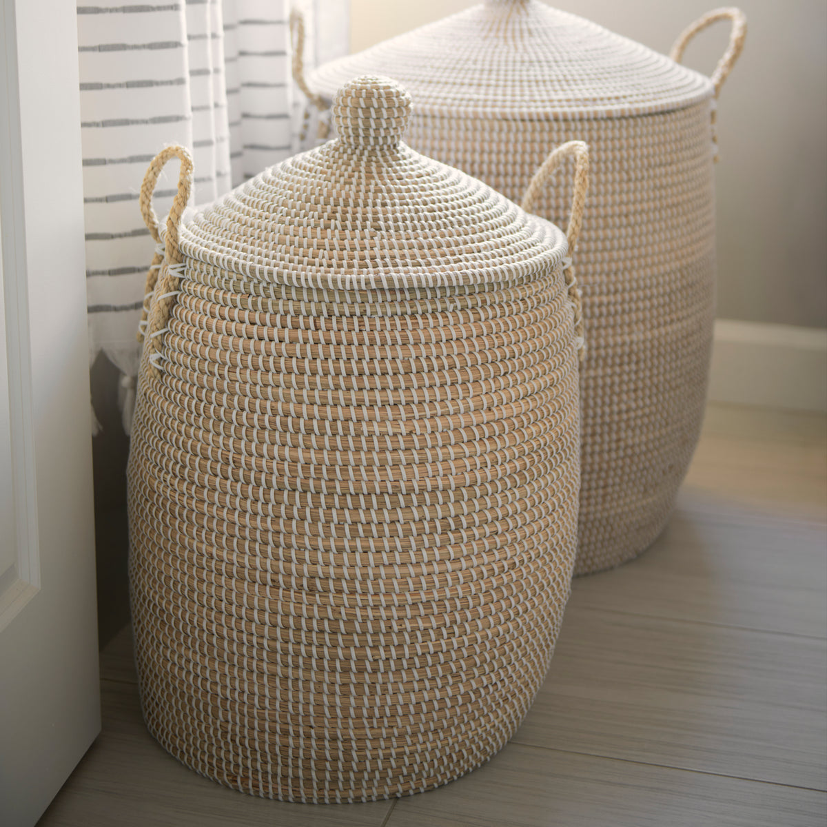 Kairi Brown Seagrass Floor Baskets with Lids and Handles (Set of 2)
