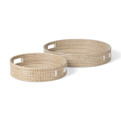 Kalama Brown/White Large Round Seagrass Trays with Handles (Set of 2) - Ornate Home