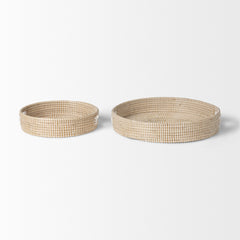 Kalama Brown/White Large Round Seagrass Trays with Handles (Set of 2) - Ornate Home