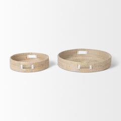 Kalama Brown/White Large Round Seagrass Trays with Handles (Set of 2) - Ornate Home