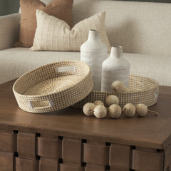 Kalama Brown/White Large Round Seagrass Trays with Handles (Set of 2) - Ornate Home