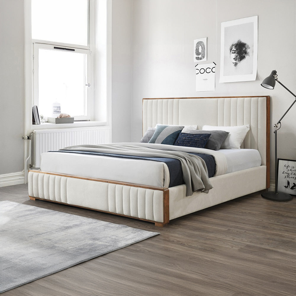 Kaleea Beige Chenille / Walnut Finish Queen Bed - Ornate Home