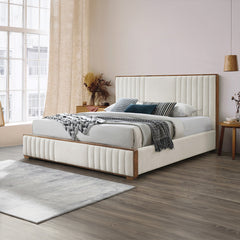 Kaleea Beige Chenille / Walnut Finish Queen Bed - Ornate Home