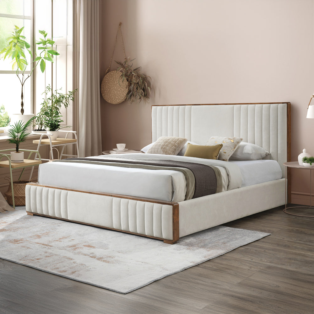Kaleea Beige Chenille / Walnut Finish Queen Bed - Ornate Home