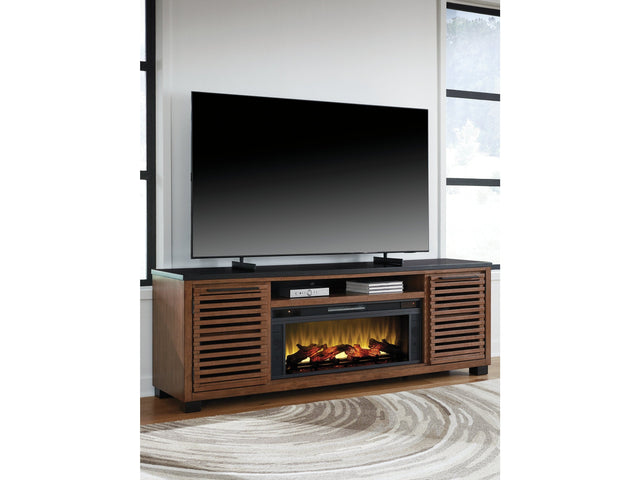 Kallari Warm Brown/Black 84" TV Stand with Electric Fireplace (Online Special Price) - Ornate Home