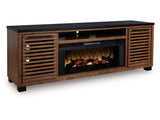 Kallari Warm Brown/Black 84" TV Stand with Electric Fireplace (Online Special Price) - Ornate Home