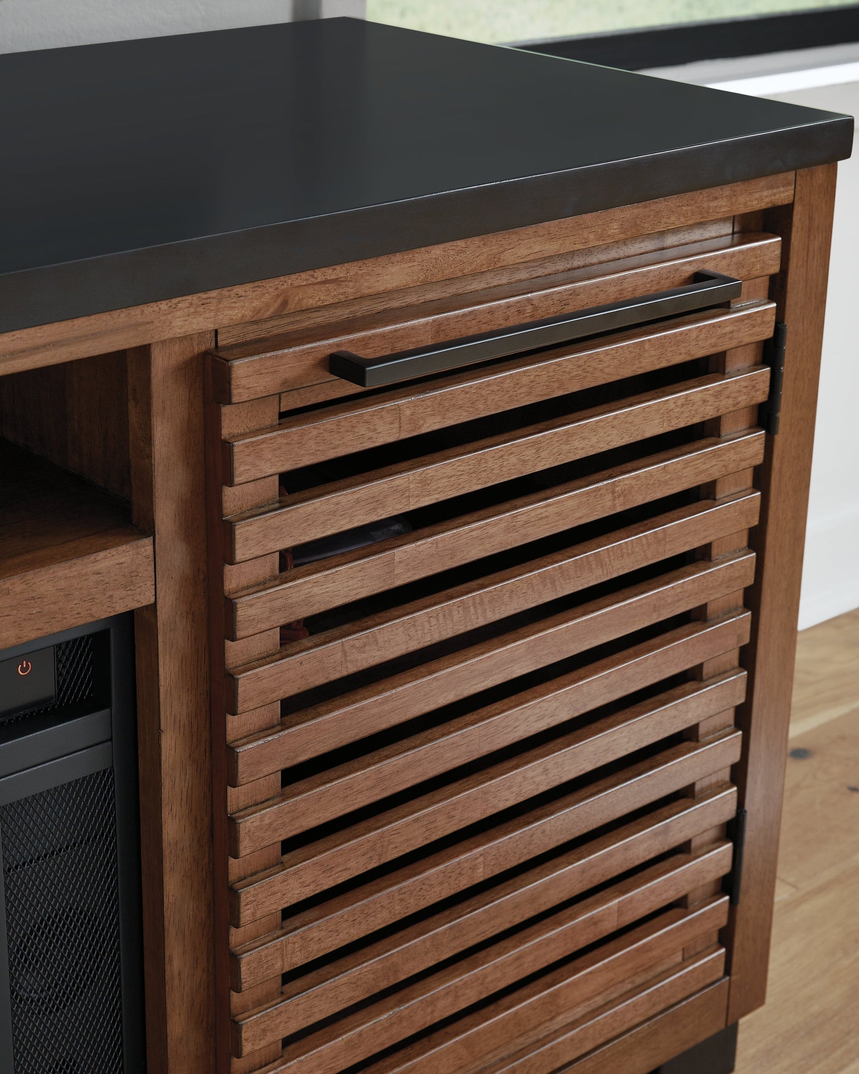 Kallari Warm Brown/Black 84" TV Stand with Electric Fireplace (Online Special Price) - Ornate Home