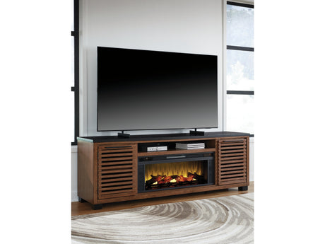 Kallari Warm Brown/Black 84" TV Stand with Electric Fireplace - Ornate Home