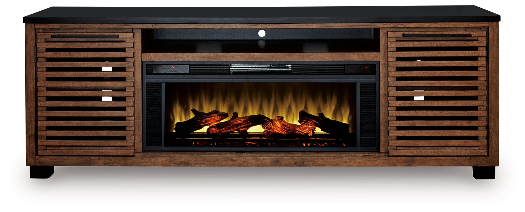 Kallari Warm Brown/Black 84" TV Stand with Electric Fireplace - Ornate Home