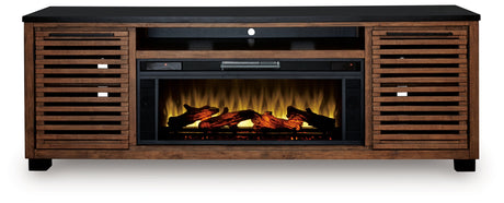 Kallari Warm Brown/Black 84" TV Stand with Electric Fireplace - Ornate Home