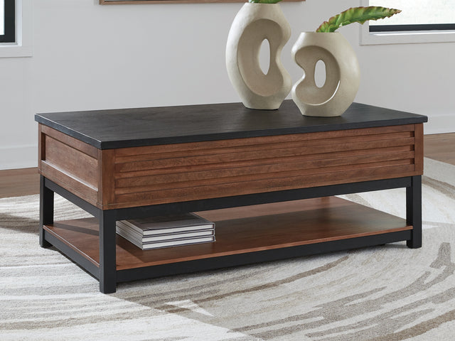 Kallari Warm Brown/Black Lift Top Cocktail Table - Ornate Home