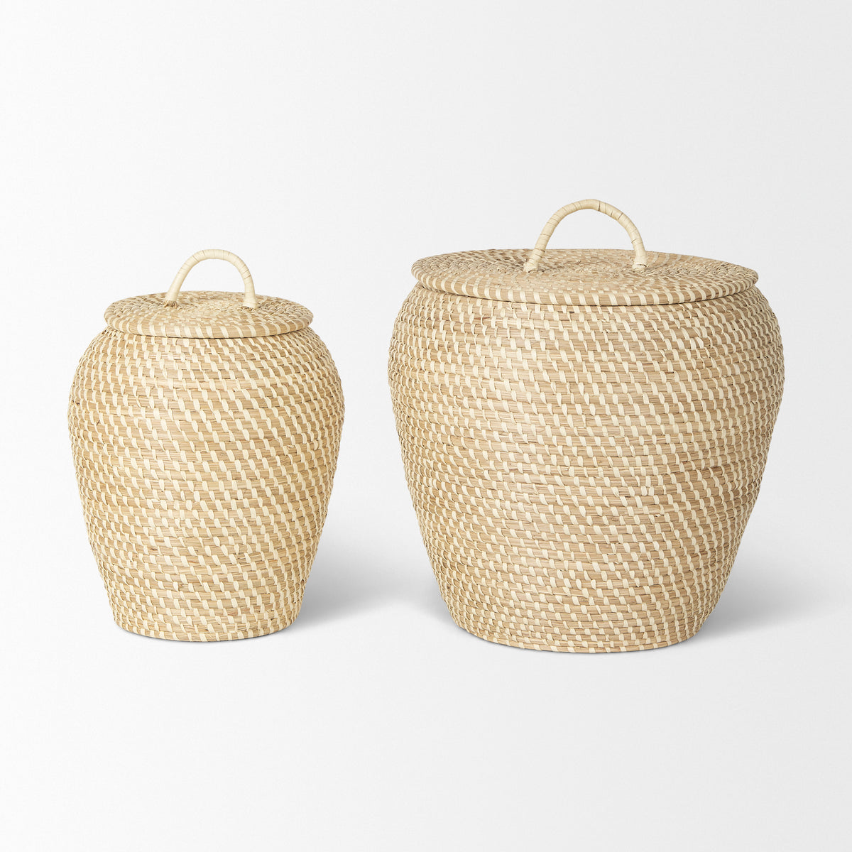 Kalopa Brown Seagrass Floor Baskets with Flat Handled Lid (Set of 2) - Ornate Home