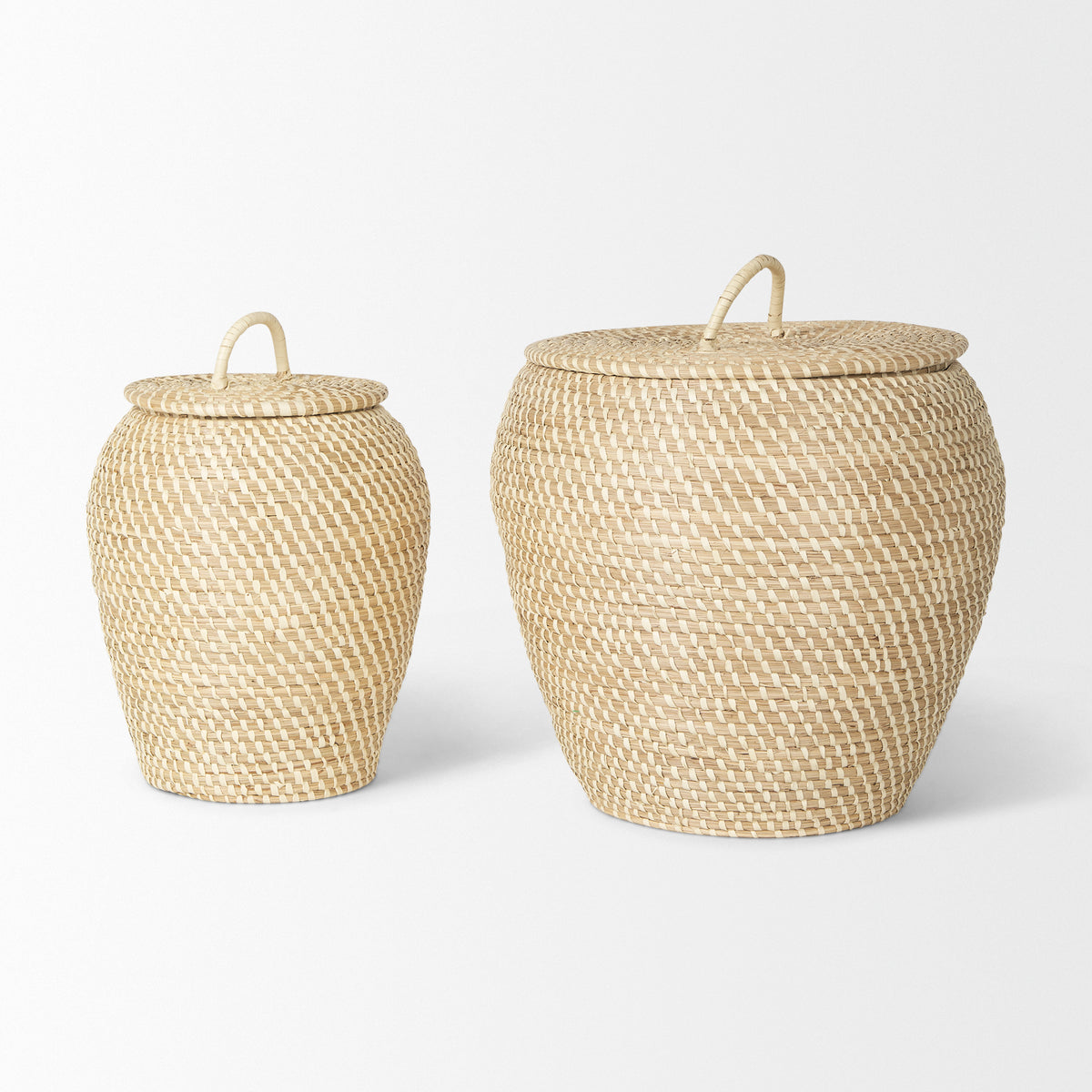 Kalopa Brown Seagrass Floor Baskets with Flat Handled Lid (Set of 2) - Ornate Home