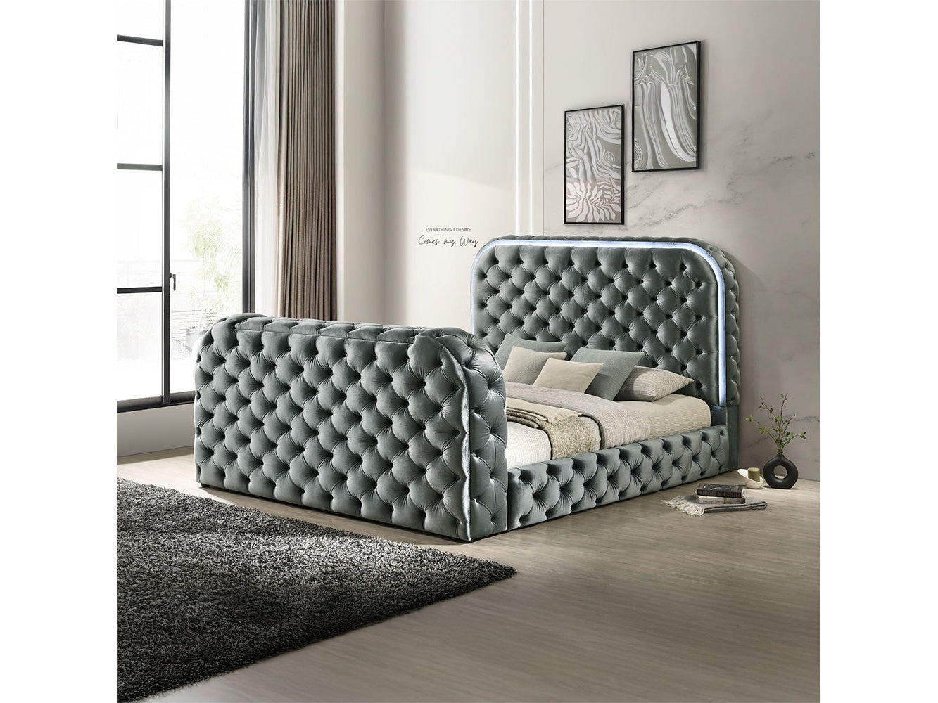 Kana Gray Queen Bed w/LED, Fireplace & TV Stand - Ornate Home