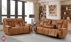 Kanab Saddle Fabric Triple Power Reclining Loveseat with Console - Ornate Home