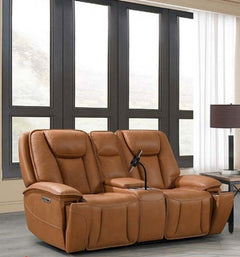 Kanab Saddle Fabric Triple Power Reclining Loveseat with Console - Ornate Home